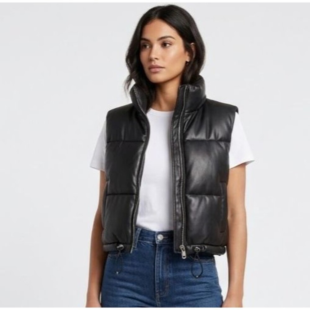 Altar'd State Black Faux Leather Quilted Puffer Vest Full Zip Size L cropped